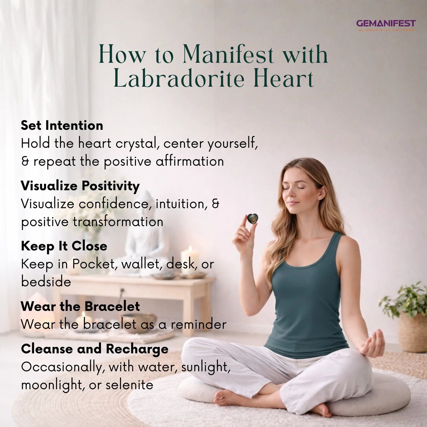 Woman meditating with a crystal, surrounded by text on how to manifest with Labradorite Heart, in a home setting.