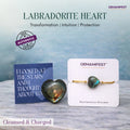 Labradorite heart stone and bracelet on a marble surface with 'GEMANIFEST' branding.