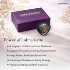 Purple 'GEMANIFEST' box with a heart-shaped Labradorite stone on a light background