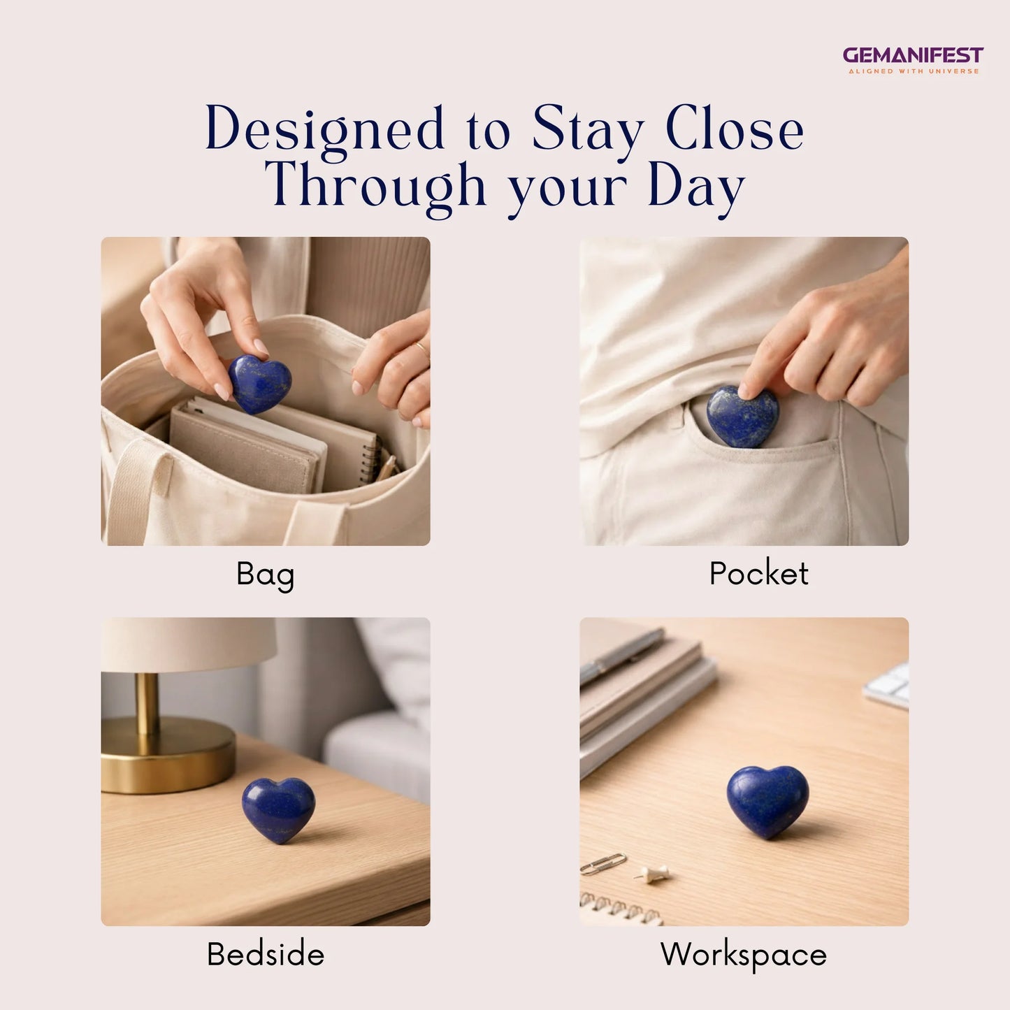 Heart-shaped Lapis Lazuli heart in various settings with 'GEMANIFEST' branding.