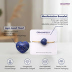 Gemanifest Lapis Lazuli heart bracelet on a white card with product details.