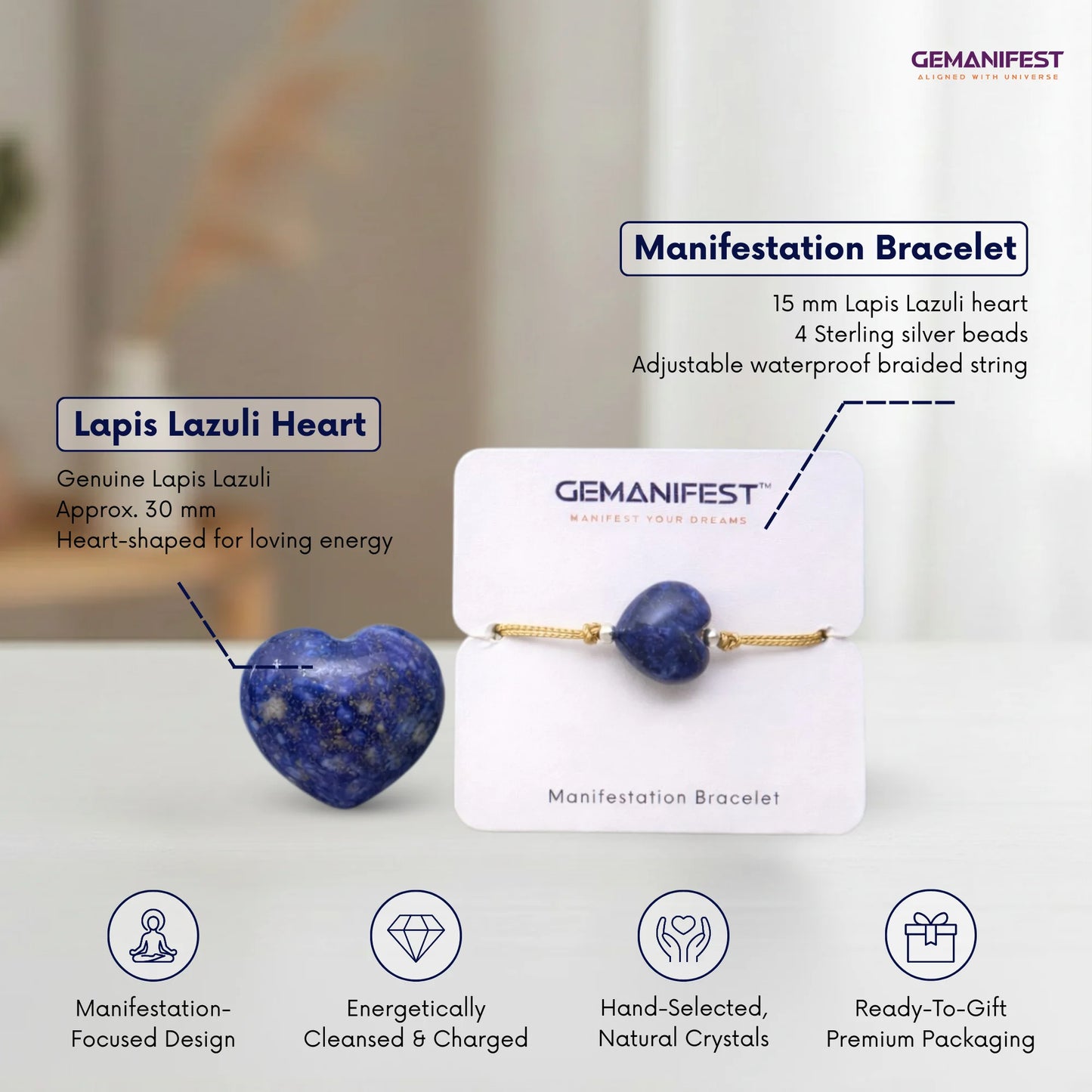Gemanifest Lapis Lazuli heart bracelet on a white card with product details.