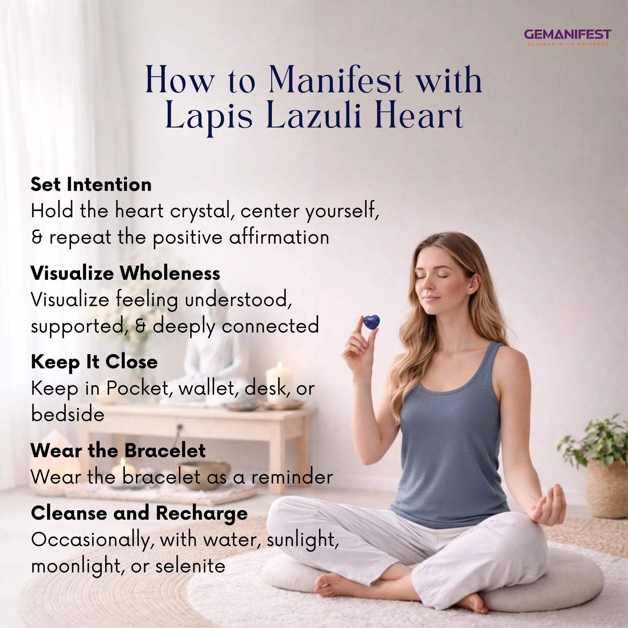 Woman meditating with a lapis lazuli heart, surrounded by text on how to manifest with the stone.