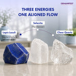 Three crystals (Lapis Lazuli, Selenite, Clear Quartz) with their respective energies on a blurred indoor background.