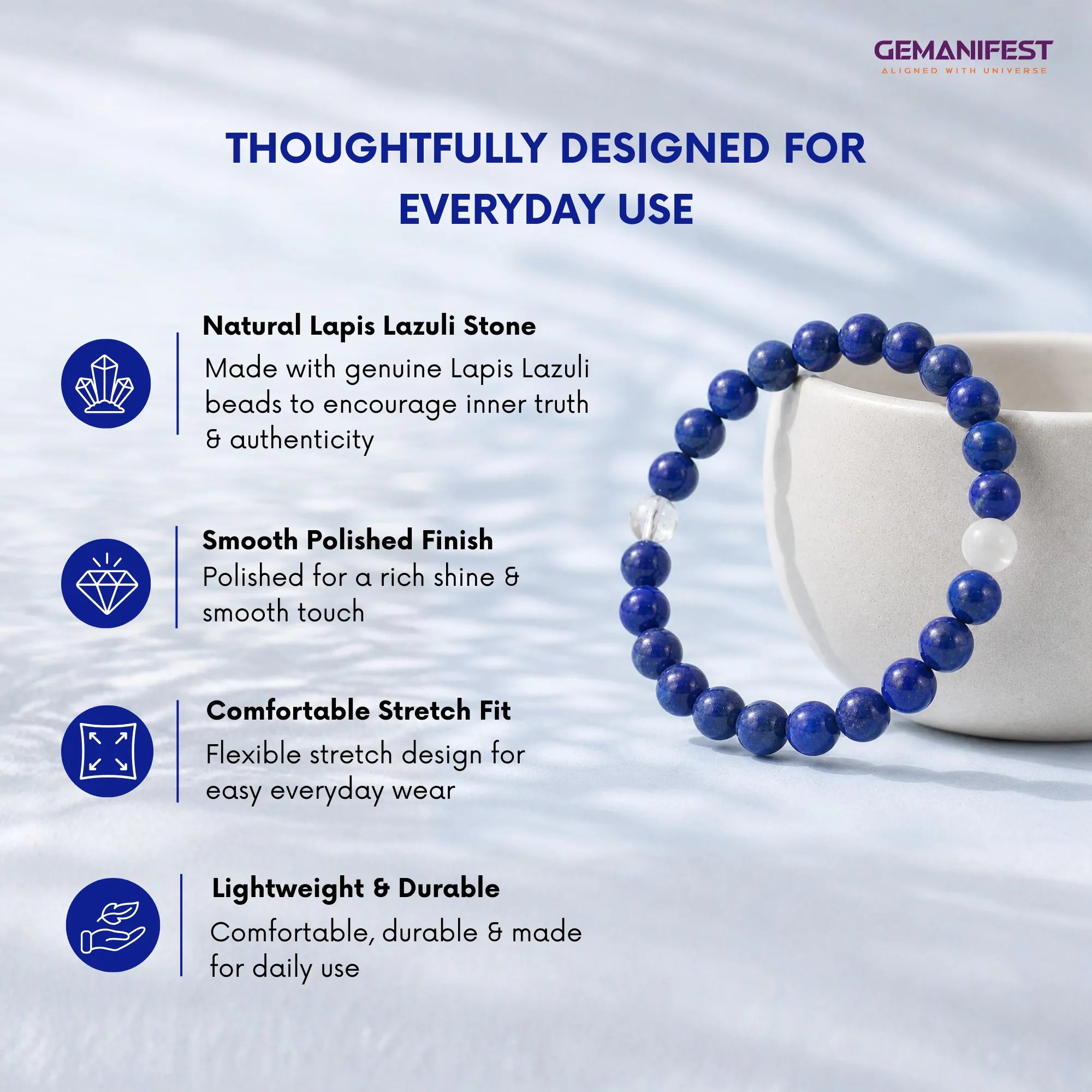 Blue beaded bracelet with product features on a white background