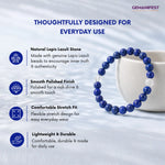 Blue beaded bracelet with product features on a white background