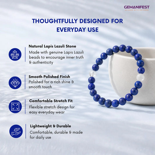 Lapis Lazuli bracelet on a white stone surface with GEMANIFEST branding.
