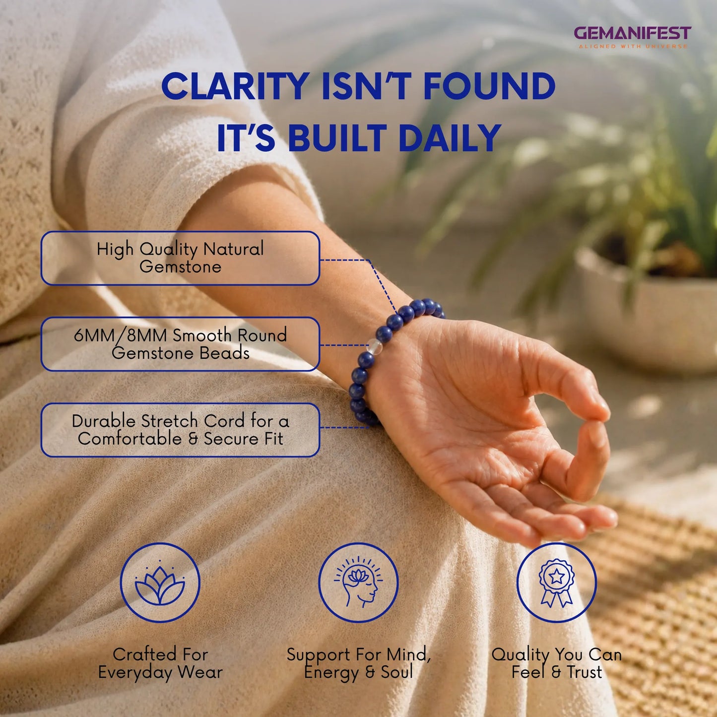 Person wearing a blue gemstone bracelet with product features highlighted, set against a blurred natural background.