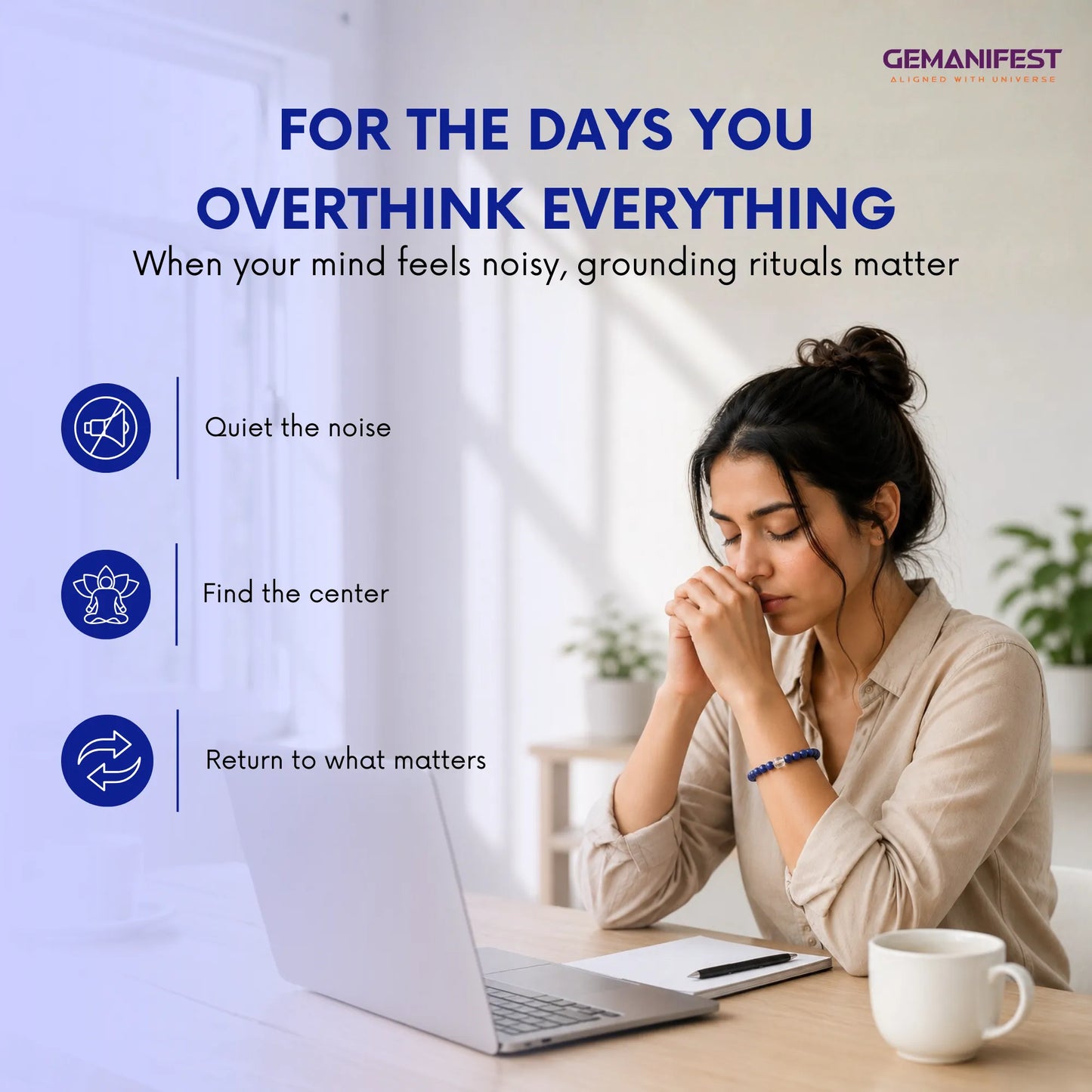 Woman sitting at a desk with a laptop, with text and icons about grounding rituals.