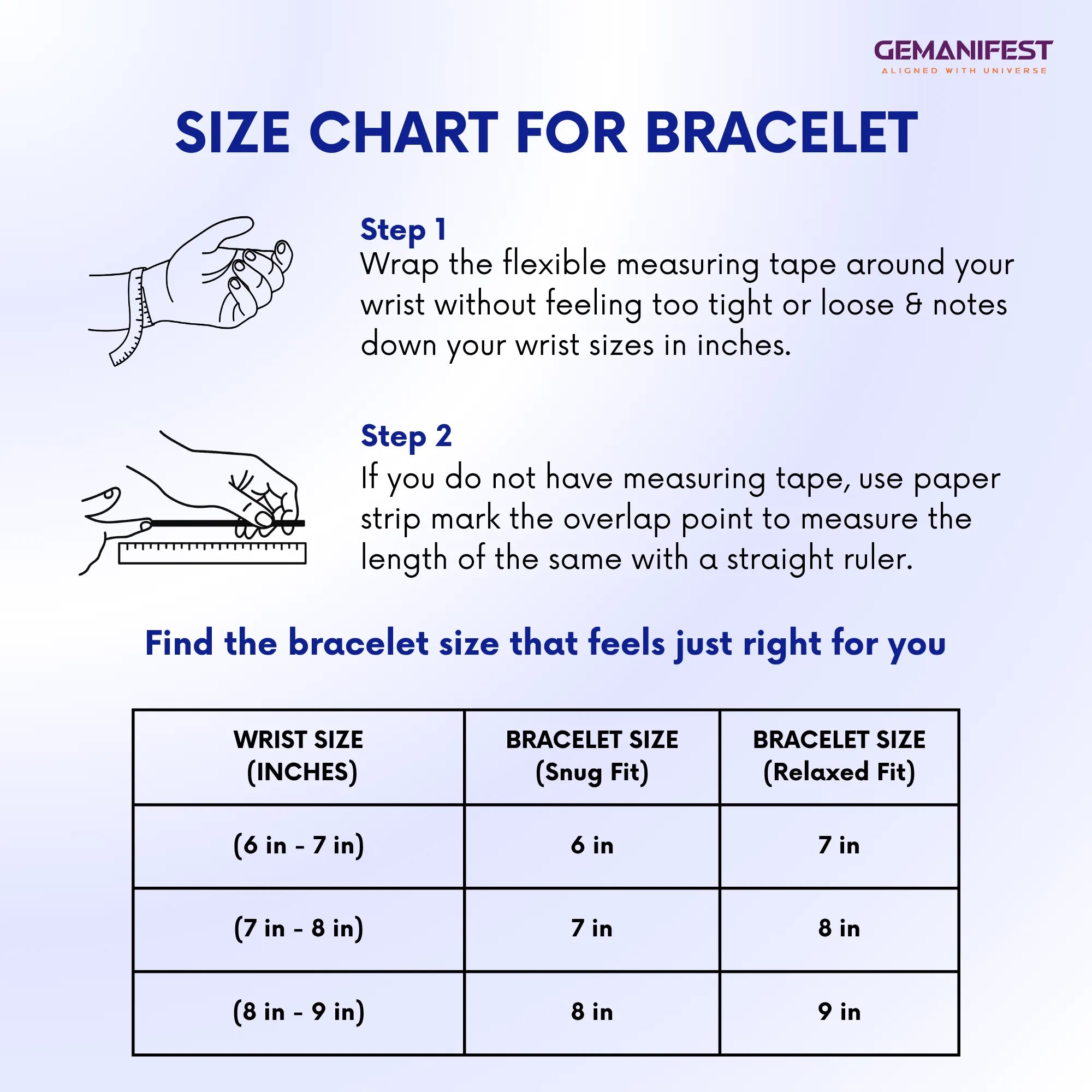 Size chart for bracelet with measurement instructions and Gemanifest branding.