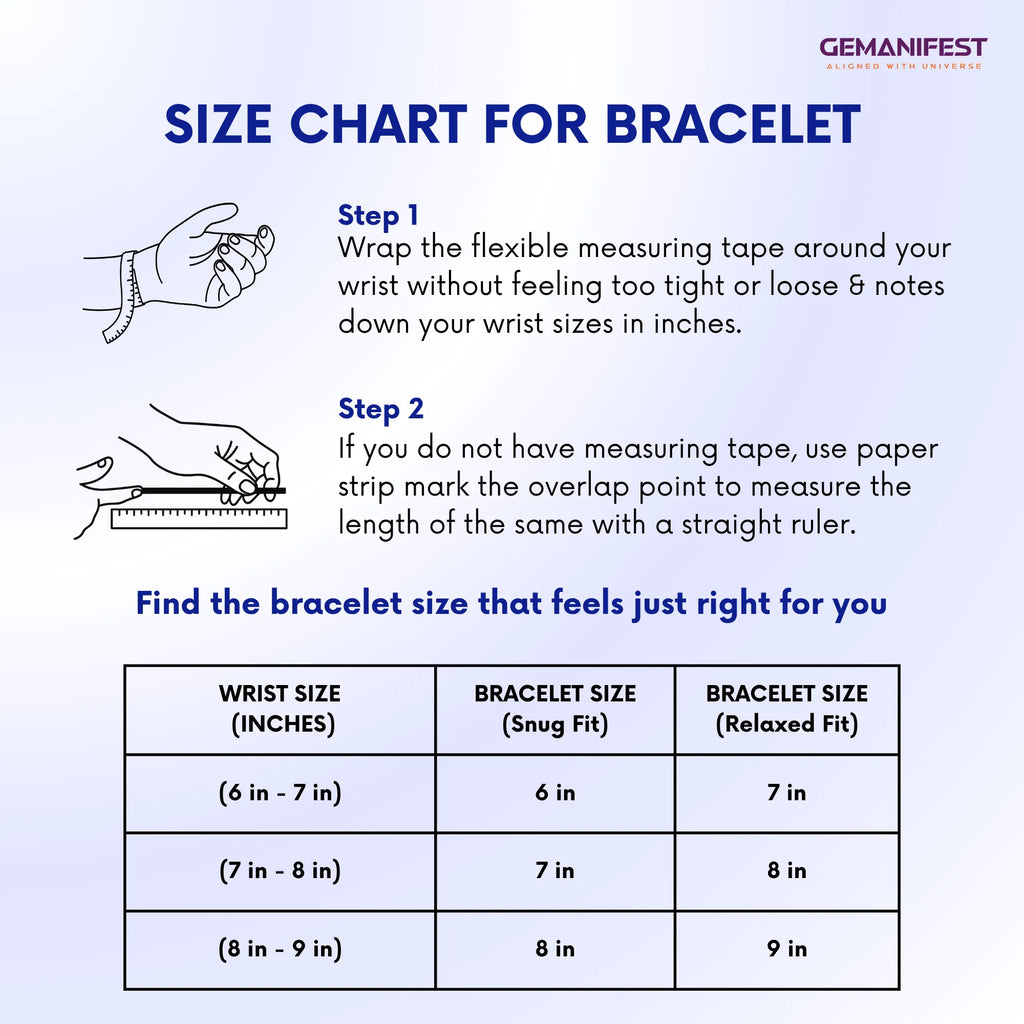 Size chart for bracelet with measurement instructions and Gemanifest branding.