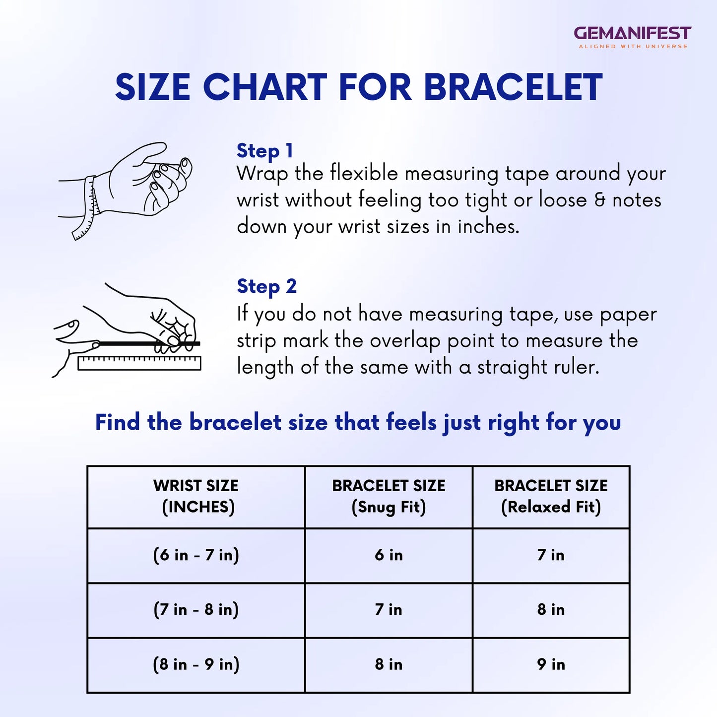 Size chart for bracelet with measurement instructions and Gemanifest branding.