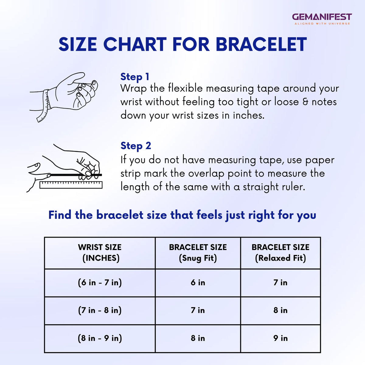 Size chart for bracelet with measurement instructions and Gemanifest branding.