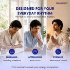 Man engaging in different activities with text indicating 'Designed for your everyday rhythm' and 'GEMANIFEST' branding.