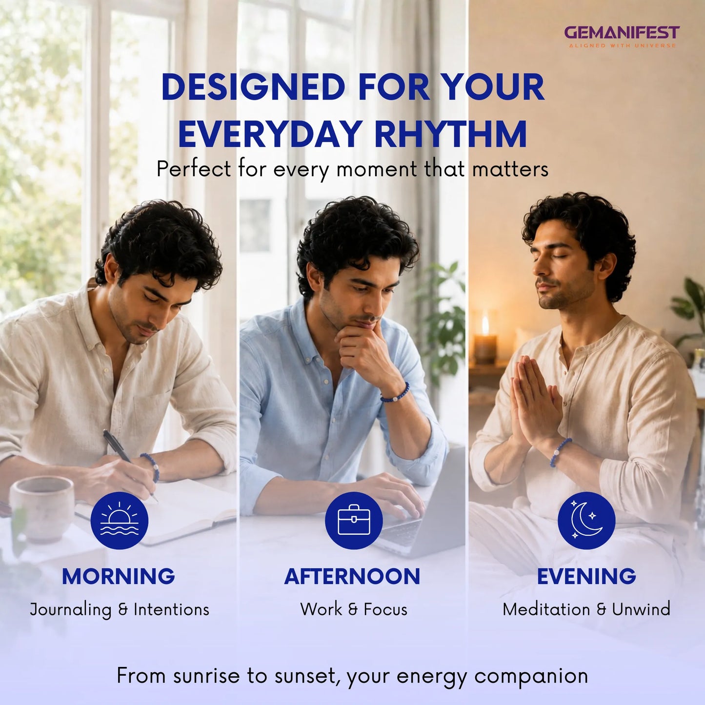 Man engaging in different activities with text indicating 'Designed for your everyday rhythm' and 'GEMANIFEST' branding.