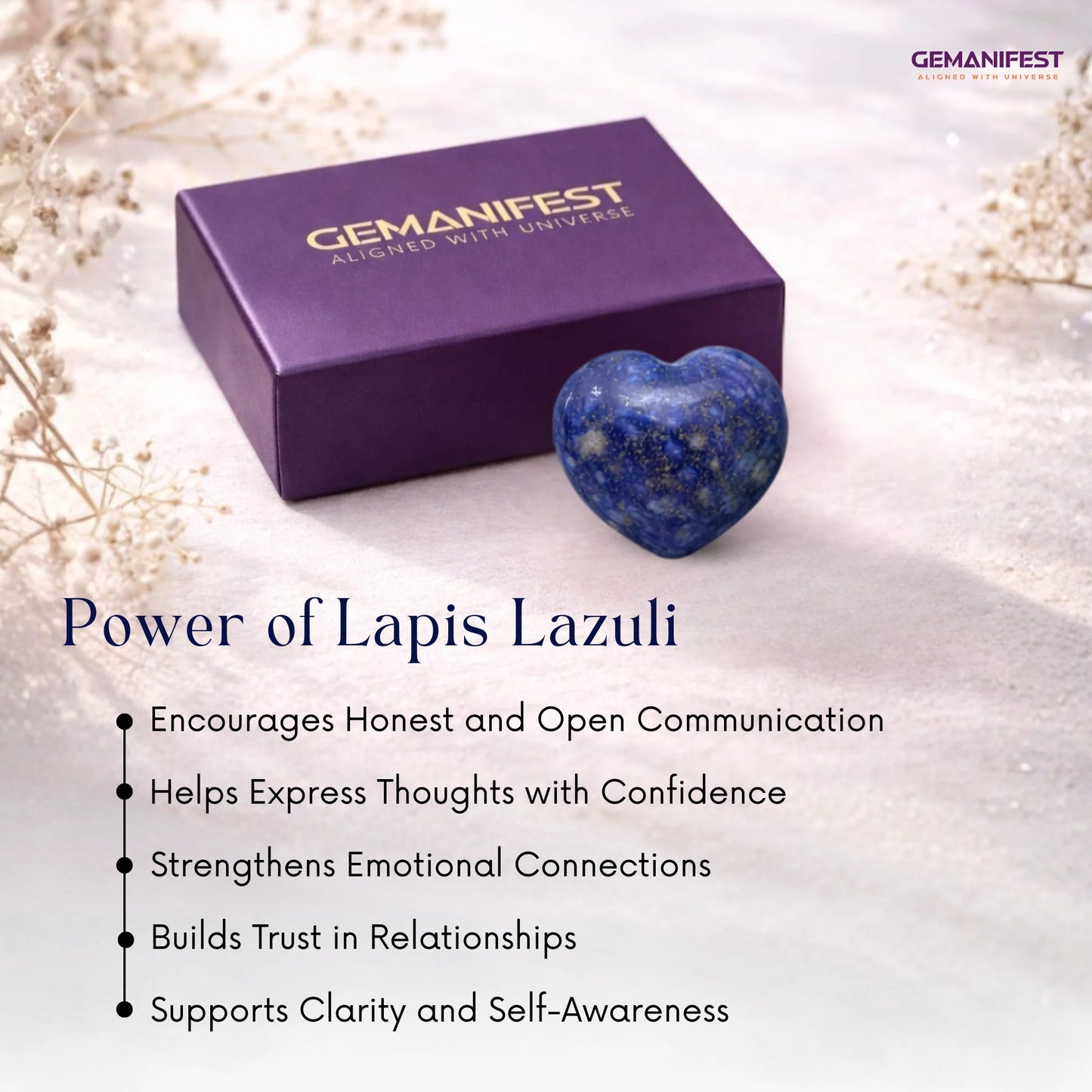 Lapis Lazuli heart stone with Gemanifest box on a soft background
