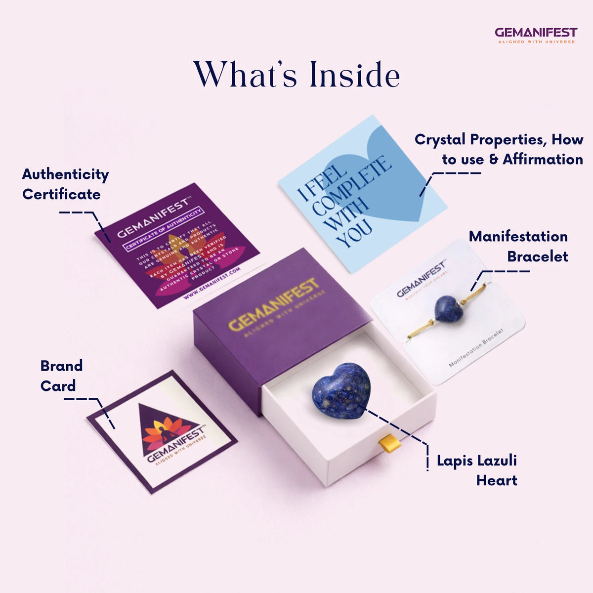 GEMANIFEST product packaging with Lapis Lazuli Heart, bracelet, and cards on a white background