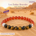 Beaded bracelet with Carnelian and Tiger's Eye on a beige background, featuring the Leo zodiac sign details