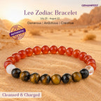 Beaded bracelet with Carnelian and Tiger's Eye on a beige background, featuring the Leo zodiac sign details
