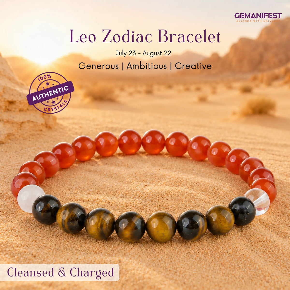 Beaded bracelet with Carnelian and Tiger's Eye on a beige background, featuring the Leo zodiac sign details
