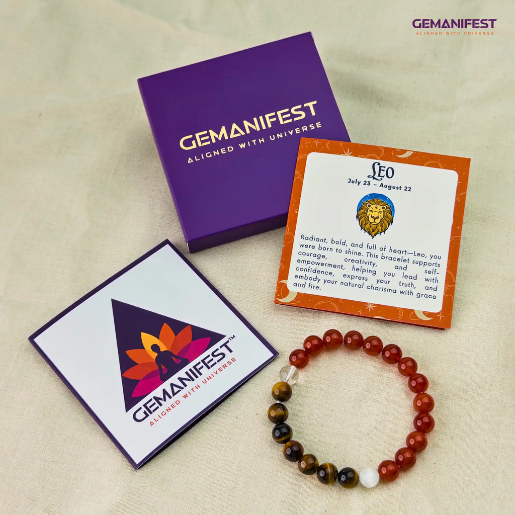 Gemanifest bracelet with packaging and information card on a beige background