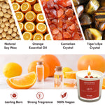 Collage of natural ingredients and a candle labeled 'Leo' with essential oil and crystal elements.