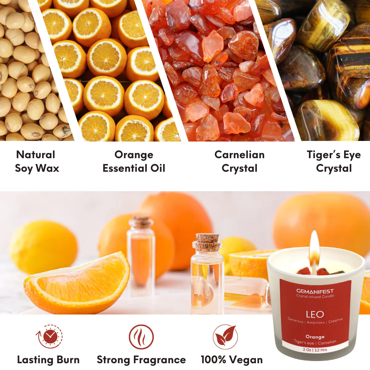 Collage of natural ingredients and a candle labeled 'Leo' with essential oil and crystal elements.