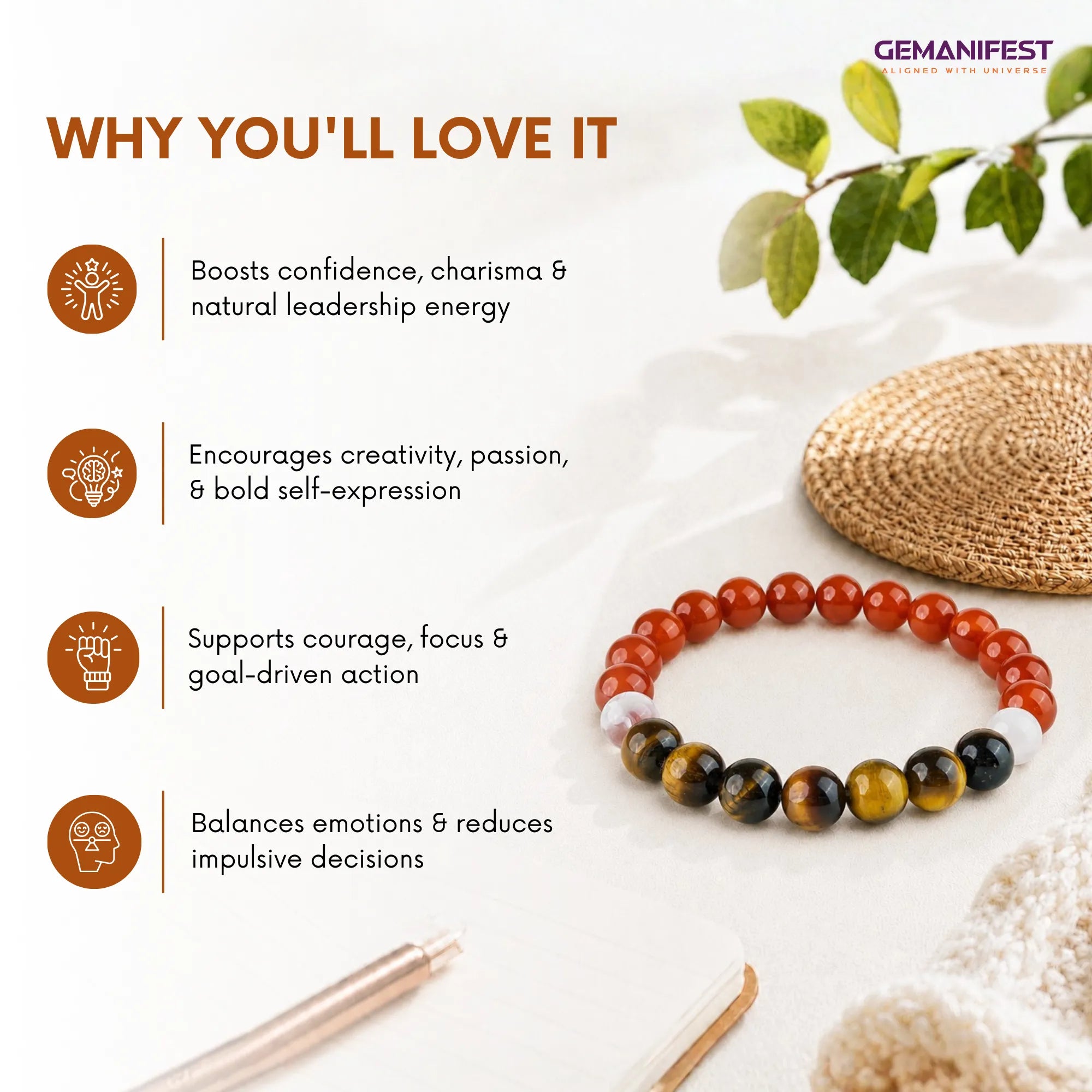 Leo Zodiac Bracelet – Carnelian & Tiger’s Eye for Confidence