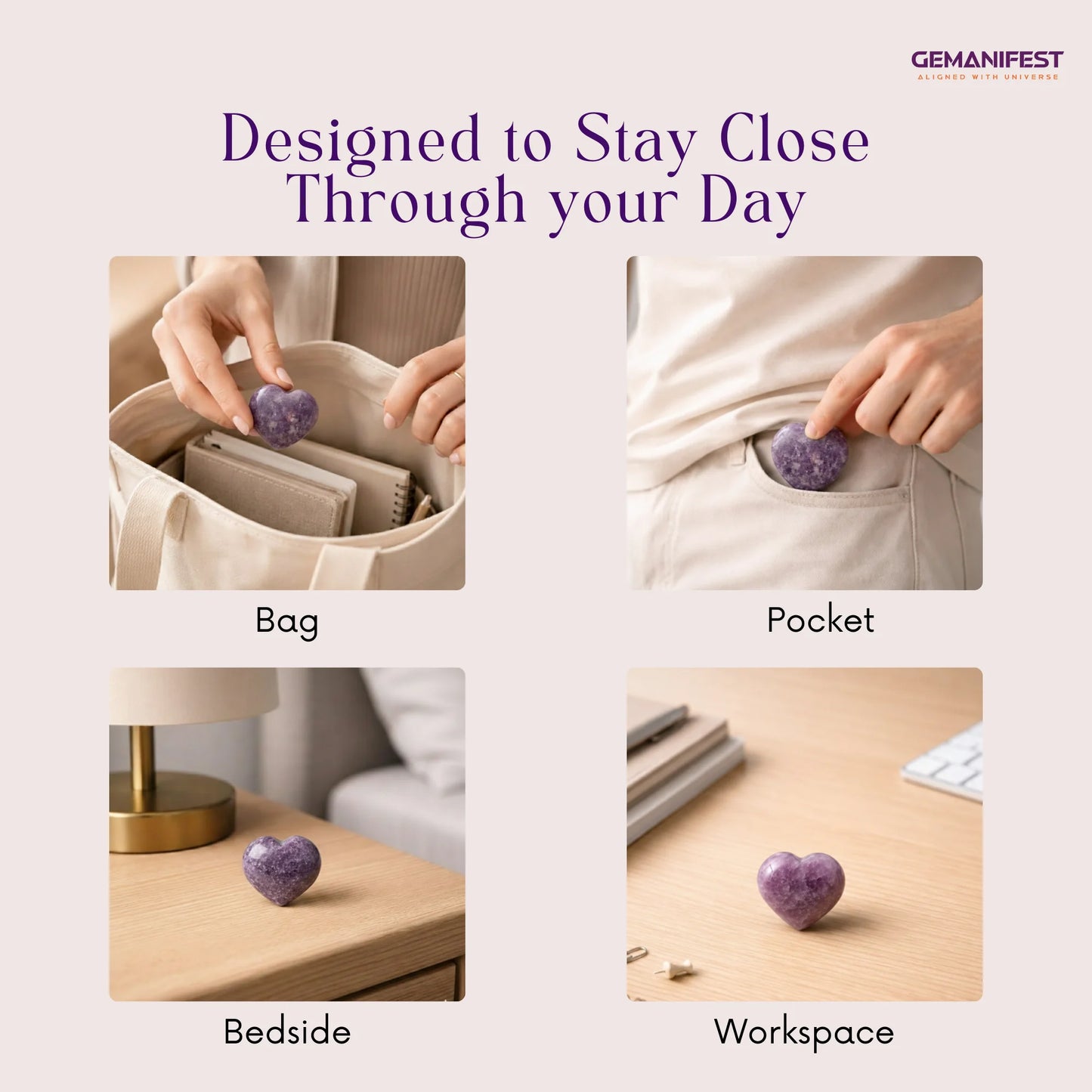 Lepidolite being used in various settings with text 'Designed to Stay Close Through your Day' and brand name 'GEMANIFEST'.
