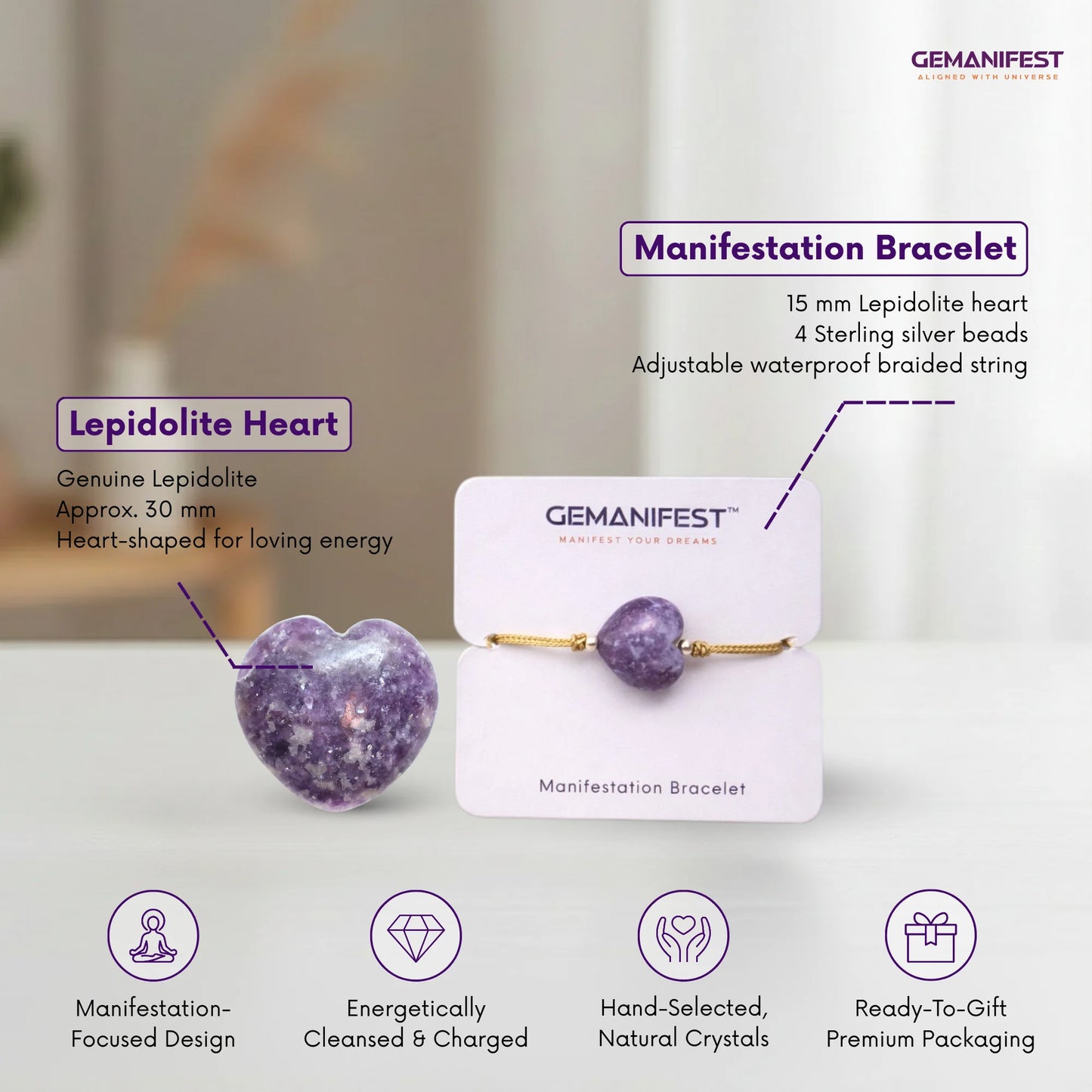 Gemanifest Manifestation Bracelet with Lepidolite Heart on a white background