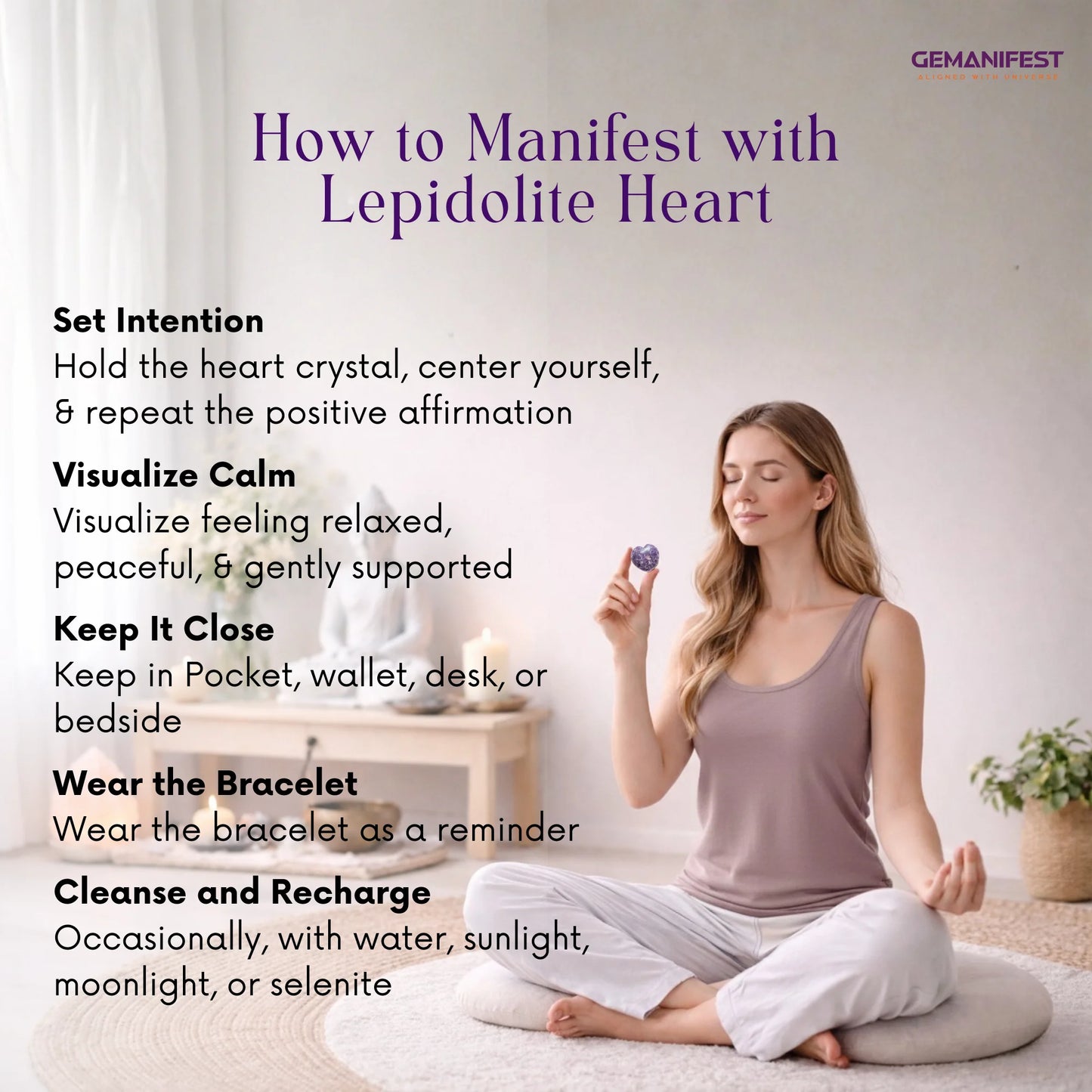 Woman meditating with a crystal, surrounded by text on manifesting with lepidolite heart