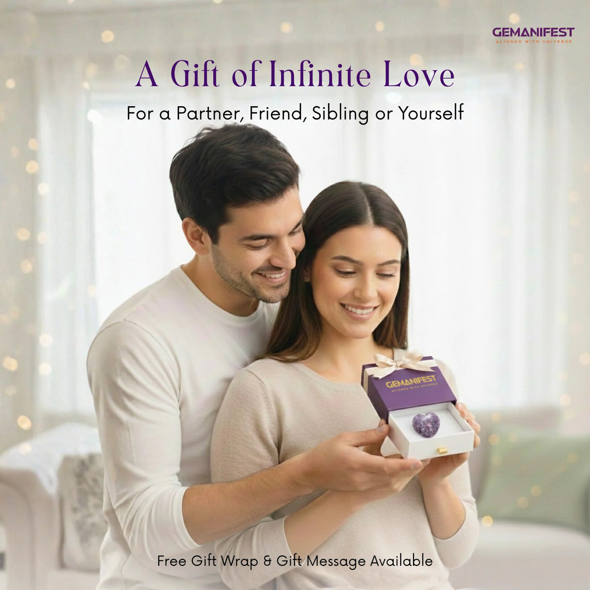 Couple holding a GEMANIFEST product with text about love and free gift wrap.