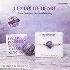 Gemanifest Lepidolite Heart bracelet with card and crystal on a light background