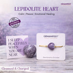 Gemanifest Lepidolite Heart bracelet with card and crystal on a light background