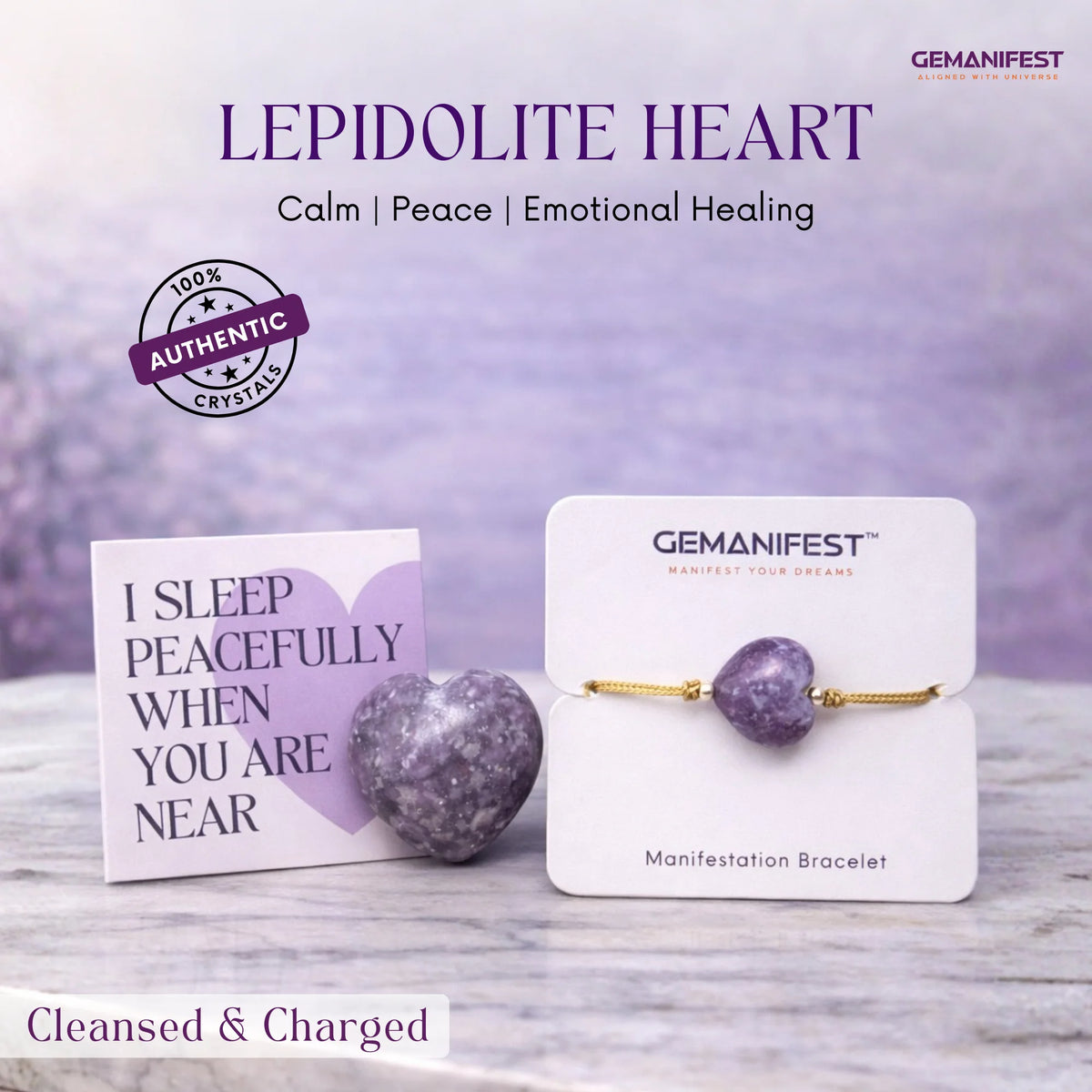 Gemanifest Lepidolite Heart bracelet with card and crystal on a light background