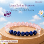 Libra bracelet with rose quartz and lapis lazuli beads on a beige background
