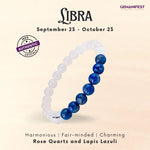 Libra bracelet with rose quartz and lapis lazuli beads on a beige background