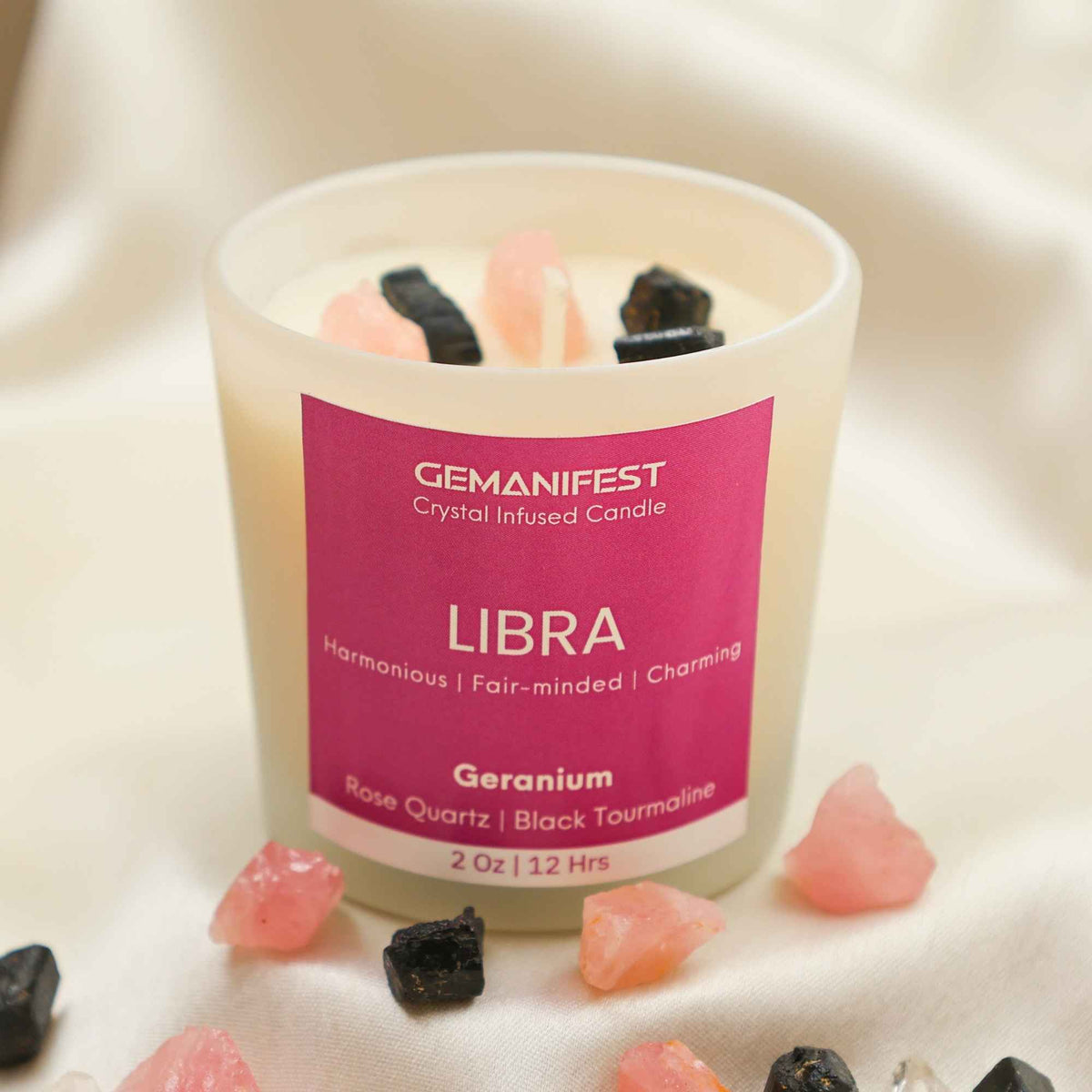 Libra Zodiac Manifestation Candle with Rose Quartz and Black Tourmaline crystals and Geranium essential oil for harmony and protection.