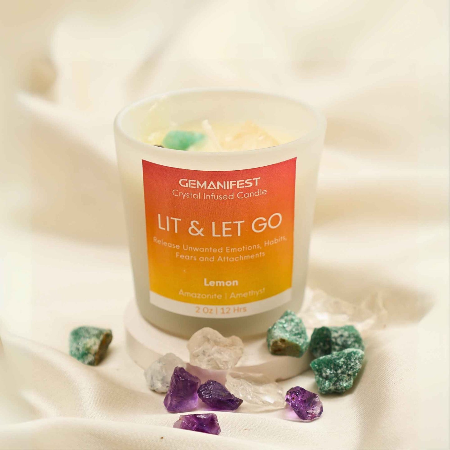 Lit & Let Go Manifestation Candle with Amazonite and Amethyst Crystals for Emotional Release, Clarity, and Renewal.