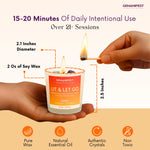 GEMANIFEST candle with dimensions and features on a beige background
