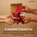 Love candle gift box with affirmation card being exchanged as present.