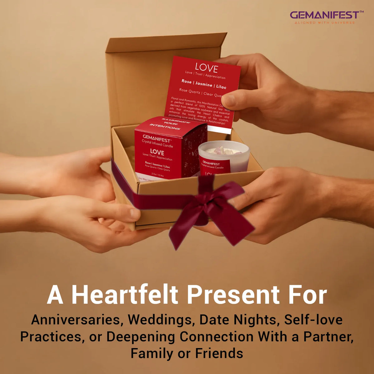 Love candle gift box with affirmation card being exchanged as present.