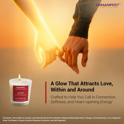 Love crystal candle glowing with couple holding hands symbolizing connection.