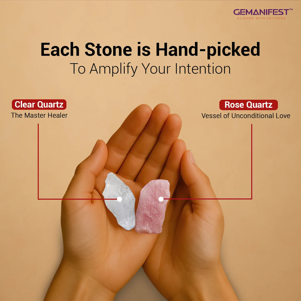 Rose Quartz and Clear Quartz crystals used in Love manifestation candle.