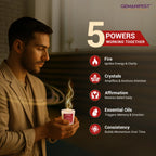 Love manifestation candle showing five powers of fire, crystals, affirmations.