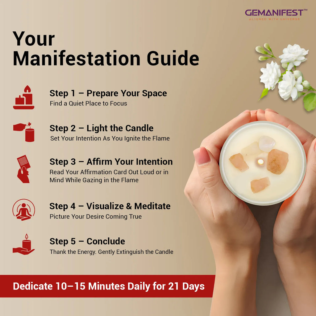Step-by-step manifestation guide for using Love crystal candle.