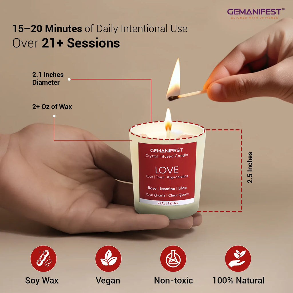 Love crystal infused candle with size, soy wax, vegan, and natural use.