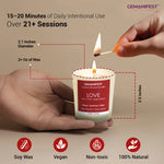 Love crystal infused candle with size, soy wax, vegan, and natural use.