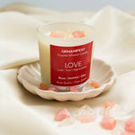 Love Manifestation Candle with Rose Quartz and Clear Quartz for Attracting Love and Healing Relationships.