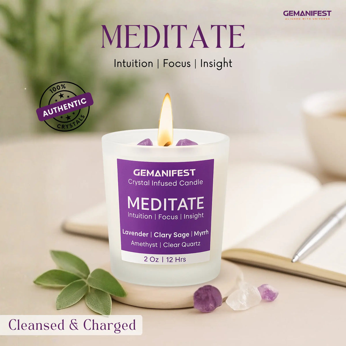 Gemanifest crystal infused Meditate candle on a neutral background.